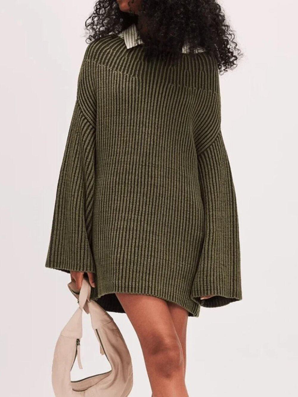 Free People Charlotte Tunic - Olive Green Ribbed Boat Neck Sweater